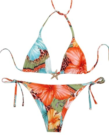 GORGLITTER Women's Leopard Floral Swimsuit Halter Tie Triangle String Thong 2 Piece Bikini Set Star Metal Sexy Swimwear