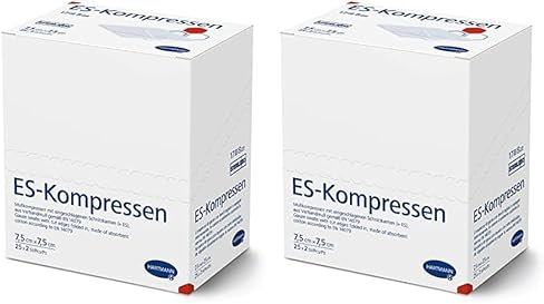 ES-KOMPRESSEN: Sterile Mullkompressen zur Wundreinigung & Wundabdeckung, sowie zum Auftragen von Salben, 7,5 x 7,5 cm, 8-fach, 17-fädig, 50 Stück (Packung mit 2)