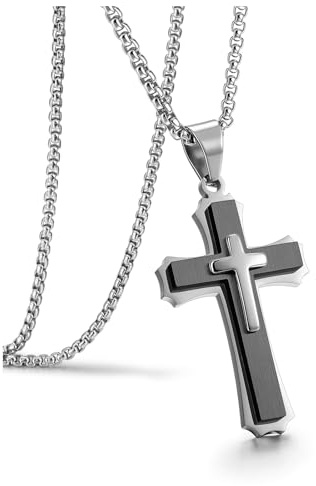 Jovivi Mens Cross Necklace for Men,Stainless Steel Silver Cross Crucifix Pendant Chain Necklace for Boys Men's Christian Confirmation Baptism Cross Chain Jewellery Easter Gifts