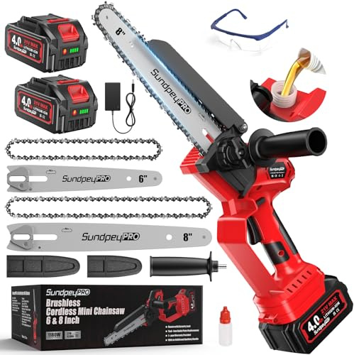 SundpeyPRO Mini Kettensäge mit Akkus 4.0Ah x 2, 8 & 6 Zoll Bürstenlose Akku kettensäge mit Automatischem Öler und Werkzeugloser Kettenspannung, Kleine Handkettensäge zum Beschneiden von Holz, Ästen