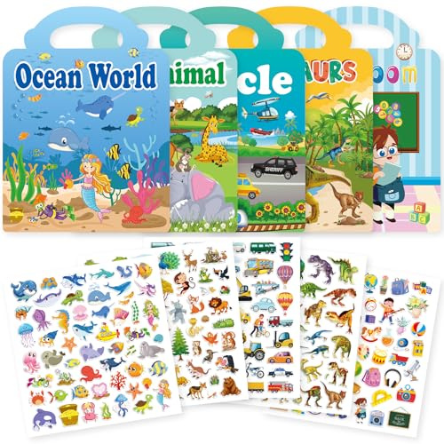 Meafeng 5 Stück Stickerbücher für Kinder, 3D Puffy Sticker Book Aufkleber Dinosaurier, Tiere, Ozean, Transport, Klassenzimmer für Kinder ab 2 3 4 jahre, Kindergeburtstag Geschenk