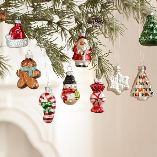 Weihnachtskugeln aus Glas, 9-teilig - Christbaumschmuck mit Aufbewahrungsbox - Figuren: Nikolaus, Schneemann, Weihnachtsmann, Zuckerstange, Lebkuchenmann, Schneeflocke, Tannenbaum (Mehrfarbig)