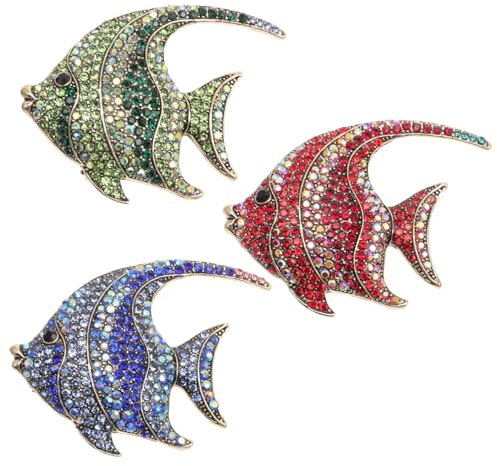 3 Stück Tropische Fisch Brosche mit Kristallen aus Legierung | 3d Strassoptik, Sichere Drehverschluss Nadel, für Freizeitlook, Festival, Strandhut und Kleidung