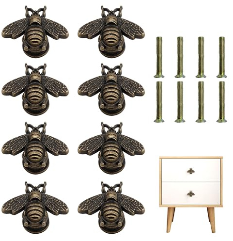 QACUU 8Pcs Bee Decorative Cupboard Knobs and Drawer Knobs, Wardrobe Handles | Sturdy Vintage Alloy Wardrobe Handles for Kitchen Cabinet, Drawer Handles for Cupboard Doors Furniture Pulls Home Decor.