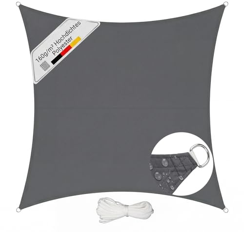 Sunula Sonnensegel Wasserdicht 4x4m Quadratisch – hochdichtes PES 160g/m², mit umlaufendem Gurtband & Edelstahl-Ringen, Nahtversiegelung & bis zu 95% UV-Schutz, für Balkon Terrasse Garten, Anthrazit