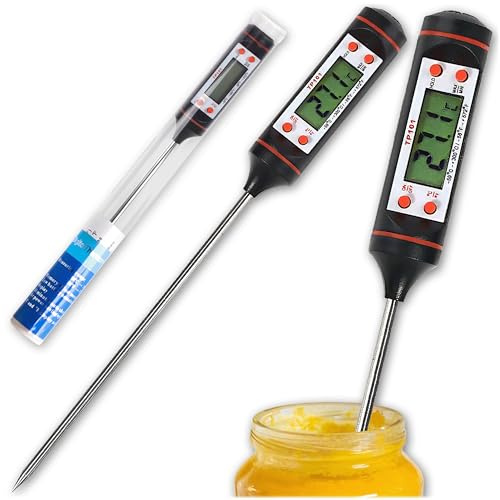 KRUMAD Küchenthermometer Fleischthermometer, Grillthermometer, Thermometer | Digitale, von -50 bis 300°C, für flüssigkeiten, AG13 (1,5 V), für Küche, BBQ, und Grill, Edelstahlsonde, Schwarz, Umschaltung