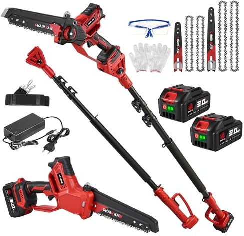 ONEVAN Motosierra Telescópica a Batería 4 en 1, Motor Brushless 700W, Podadora de Altura con Espada de 8 y 6, Pértiga Extensible 2,5m, Cabezal Giratorio 180°, 2 Baterías 3,0Ah, para Jardín y Poda