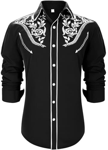 TRIWORKS Cowboy Shirts for Men Western Long Sleeve Casual Vintage Embroidery Country Shirt Slim Fit Button Down Shirt Casual Work XS-3XL
