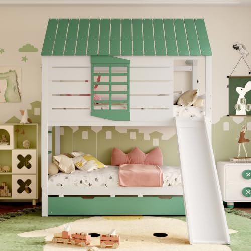 Merax Letto a castello 90 x 200 cm, con scivolo e letto estraibile, per cameretta dei bambini, bianco e verde, in legno di pino e MDF