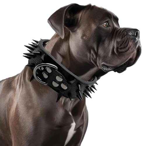 Hundehalsband mit Stacheln, verstellbares breites und großes Hundehalsband aus PU-Leder mit Nieten, cool für mittelgroße und große Rassen, mit D-Ring, Schwarz