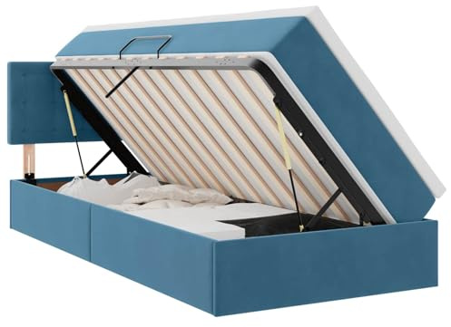 HETFTJN 100x200cm Velvet Storage Bed with Hydraulic Lift, Dark Blue