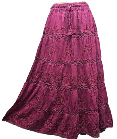 Doorwaytofashion Women Cotton Maxi Full Length Skirt Embroidered Boho Casual Festival Summer UK 8 10 12 14 16