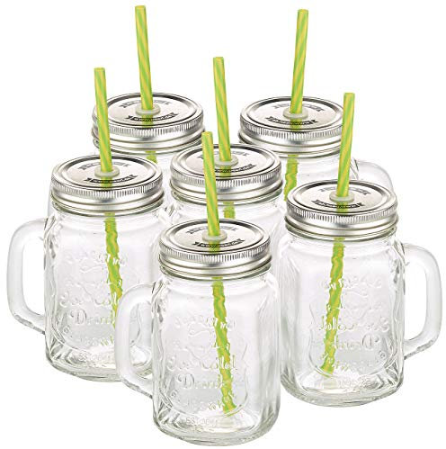 PEARL Smoothie Gläser: Retro-Trinkglas mit Henkel, Deckel und Trinkhalm, 6er-Set (Smoothie Gläser mit Deckel, Glas mit Strohhalm, Mitbringsel)