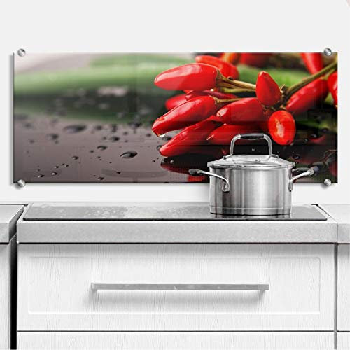 Chefkoch Spritzschutz Küchen Arbeitsplatz Chili Wandbilder Küchenrückwand inkl Edelstahl Befestigung 100x40cm