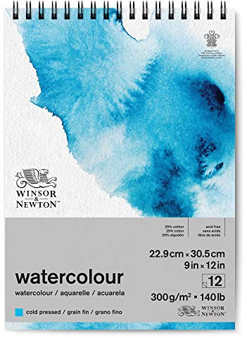 Winsor & Newton Carta per acquarello, Grana Fine, 300gr, Miscela Di Fibre di Cotone 25% e Cellulosa, Bianco Naturale,, Priva di Acidi, 22,9 x 31cm, Blocco a Spirale, 12 Fogl