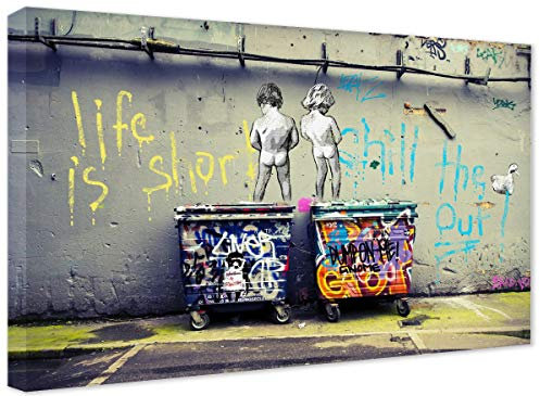 MJEDC Banksy Bilder Leinwand Life is Short Graffiti Street Art Leinwandbild Fertig Auf Keilrahmen Kunstdrucke Wohnzimmer Wanddekoration Deko XXL (80x140cm(31.5x55.1inch))