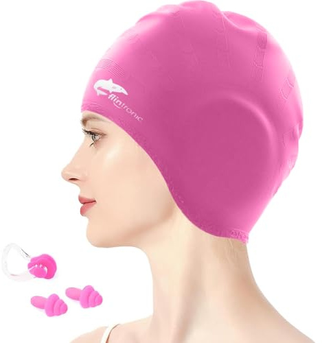 flintronic Bonnet de Bain Silicone, Etanche Bonnet de Natation 3D Protection Oreille pour Femme Homme Unisexe Adulte Enfant pour Cheveux Longs ou Courts (avec Clip de Nez et Bouchons d'oreille) - Rose