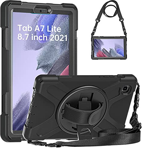 Gerutek Funda Anticaída para Samsung Galaxy Tab A7 Lite 2021 8,7 (SM-T220/T225/T227), Carcasa Rugosa con Soporte Giratorio, Correa de Mano/Hombro, Funda Antichoque para Samsung Tab A7 Lite, Negro