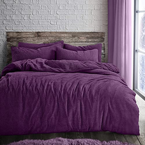 Velosso Teddy Cosy Fleece Duvet Cover Quilt Bedding Set with Pillow Case Thermal Warm Fluffy Super Soft (Purple, Double)