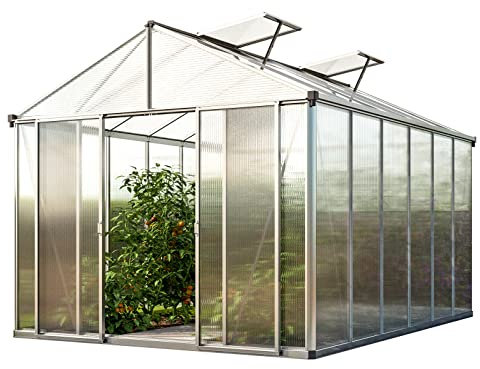 GFP Gewächshaus Rubin 6 aus Alu 262x384 cm, Starke 10 mm Doppelstegplatten mit Zusatzfenstern, automatischen Fensteröffnern, Klapptisch Transparent