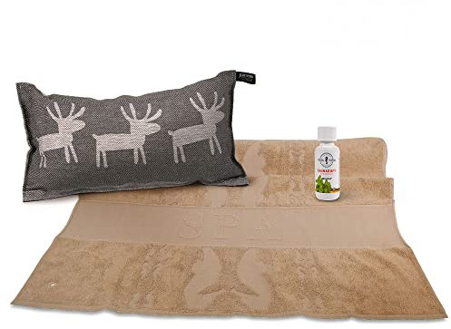 Premium Sauna Starterset LAHTI Jokipiin Saunakissen + LaJa26 Handtuch + POOL Total Saunaduft Menthol Geschenkidee
