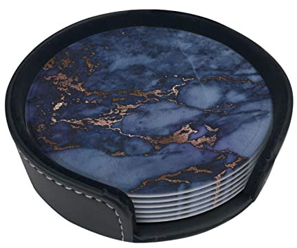 Round Coasters, Navy Blue & Faux Copper Marble Pattern,Mugs Pad Cups Mat Set of 6 Leather Drinks Coasters with Holder