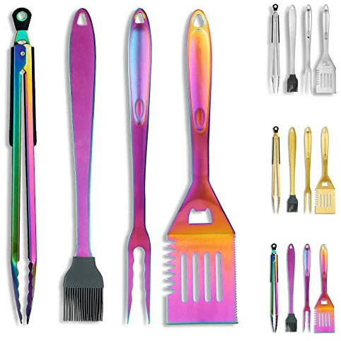 Kyraton Regenbogen Grill Zubehör Kit 4-teilig, Grill Zubehör Set, Titan Bunte Beschichtung Edelstahl mit Bakelit Griff hitzebeständig und Keine Schmelze, Ideal für Outdoor BBQ, Teppanyaki, Camping