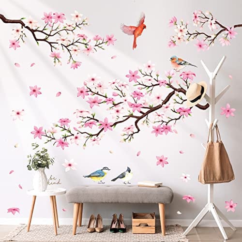 DECOWALL SG2-2305 Pink Cherry Blossom Tree Wall Stickers Birds on Flower Branch Decals Removable for Nursery Bedroom Living Room Art Home Decor Mural Decoration