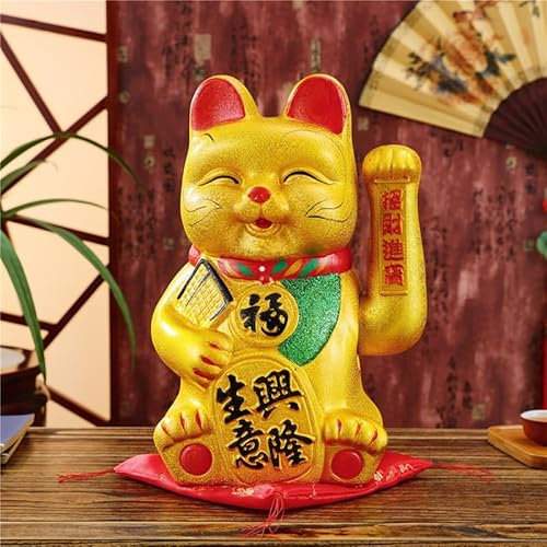 Pilipane Winkekatze Maneki Neko 22 cm Gold, Glücksbringer Katze für Reichtum und Erfolg, keramische Glückskatze mit rotem Polster, batteriebetrieben, für Home Office, Büro, Rezeption & Dekoration