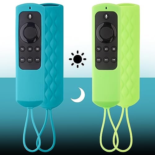 2 Pack Firestick Remote Cover,Glow in the Dark,Compatible with Fire TV Stick 1nd Gen / 2017 Edition (2nd Gen) Alexa Voice Remote,Shockproof Remote Control Silicone Case with Lanyard(Green and Blue)