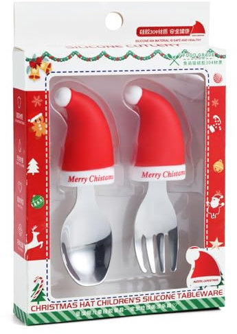 BEWOS Kinderbesteck 2 Stück, Baby Zubehör, 304 Edelstahl Baby Löffel und Baby Gabel, Geeignet für Baby Selbst Fütterung Baby Besteck, Spülmaschinenfest, Weihnachten Baby Taufe Geschenk
