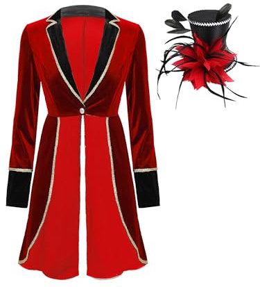 iiniim Damen Zirkus Kostüm Langarm Frack Jacke Blazer Mantel mit Mini Zylinder Zirkusdirektor Uniform Silvester Karneval Fasching Show Tanzkostüm Rot XL