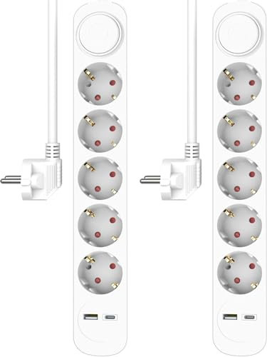 2-er Set ELRO ES305 7-Fach Steckdosenleiste mit 1.5 m Kabel und Schalter – 5 x Steckdose + USB + USB-C – Kindersicherung – Schuko-Stecker – max. 3680 W – TÜV-geprüft