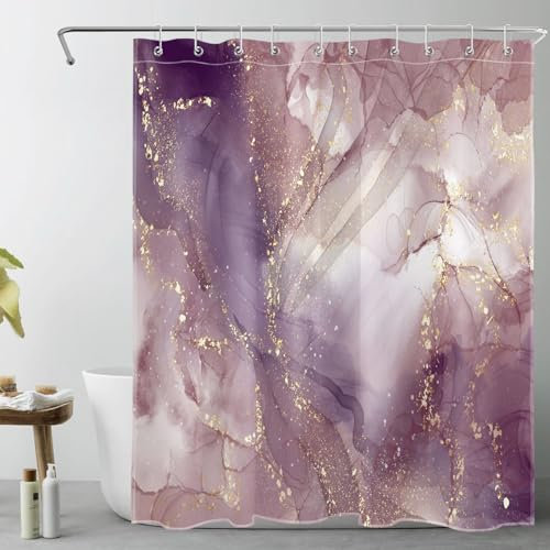 LB Marbre Violet et Rose Rideaux de Douche 150x180cm(LxH) Abstrait Or Rayé Rideaux de Bain avec Crochets, Géométrique de Luxe Court Imperméable Polyester Anti Moule Salle de Bain Décor
