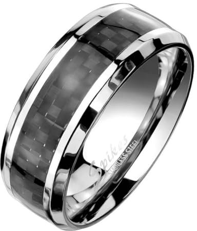 Taffstyle Band Ring Edelstahl Freundschaftsring Herrenring Damenring Partnerring Damen Herren Silber schwarzes Carbon Inlay schräge Kanten Größe 62 (19.7)
