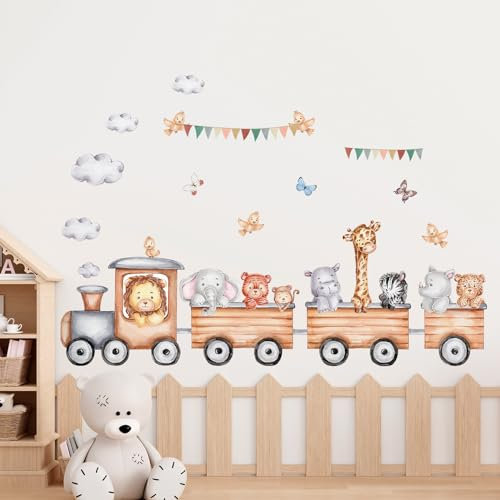 Tanlaby Dschungeltiere auf dem Zug Wandsticker Fox Lion Elephant Giraffe Wandtattoo Cartoon Selbstklebend Wandaufkleber Abnehmbare Wand Kunst Aufkleber für Kinderzimmer Spielzimmer Wanddekoration