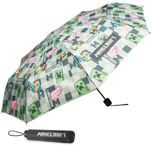 Minecraft faltbarer Regenschirm - leichter Kinder Taschenschirm für Jungen (Grau/Mehrfarbig)