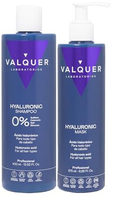 Valquer Pack Hyaluronic Acid Formula Zero Reparaturshampoo 400 ml und Haarmaske 275 ml. Spendet Feuchtigkeit und schützt geschädigtes und trockenes Haar. Mit Aloe Vera und Keratin. Für alle Haartypen.