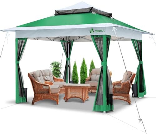 VOUNOT® Tonnelle de Jardin Extérieur 3.6x3.6m avec Moustiquaire Barnum Anti-UV Respirable Tente de Réception Cadre en Acier Toits Doubles Belvédère Jardin Terrasse Vert