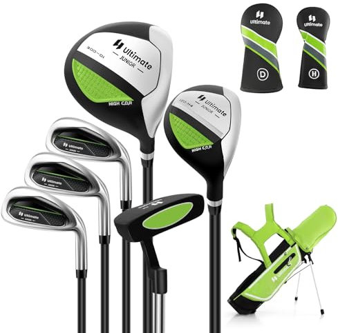 GYMAX Set di Mazze da Golf per 11-13 Anni, Set Completo da Golf Junior con Driver #1 da, Ibrido #5, Ferri #7#9#S e Putter, Grande Borsa da Golf Autoportante(Verde)