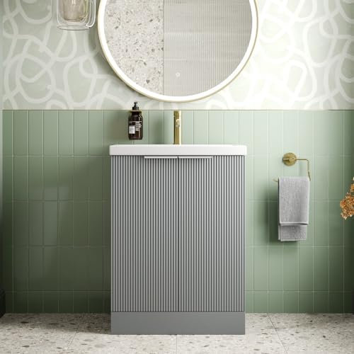 BAYSTONE® Fluted 600mm Bathroom Vanity Unit Ceramic Wash Sink, Cloakroom Storage Furniture Under Basin Cabinet Floorstanding Cupboard, Matt Grey
