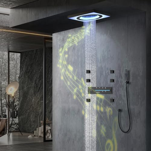 LNXGJJ Sistema doccia con termostato, set di rubinetti per doccia da incasso, colore nero, schermo digitale, da incasso a LED, 600 x 600 mm, set doccia con 6 pezzi, lato massaggiante
