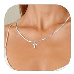 Esmoly Kette Damen Kette mit Buchstaben A-Z Necklace Women Silber Buchstaben Kette für Freundin 14K Vergoldet Anhänger Halskette Abschluss Geburtstag Geschenke für Frauen (Buchstaben T, Silber)