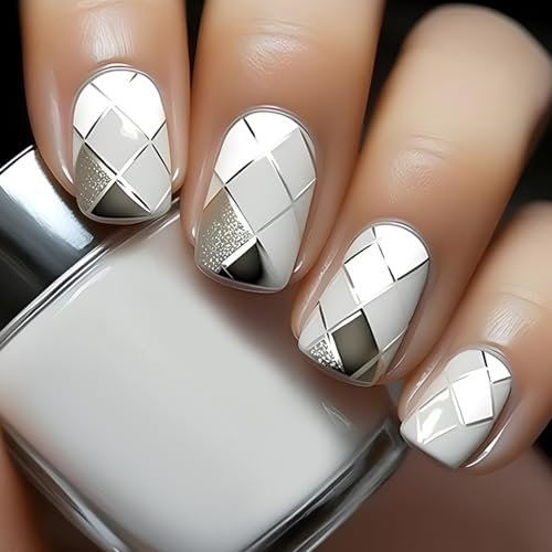 Boloshine 24 Stück Eckig Kurz Nägel Zum Aufkleben, Full Cover Acryl French Nail Tips Künstliche Nägel, Natürliche Nageltips Press on Fake Nails, Fingernägel für Frauen Mädchen - Eleganter Prisma