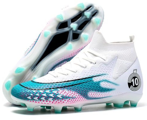 Bolognifi Herren High Top Fußballschuhe mit Langen Spikes Grass Sport Trainingsschuhe Fußballstiefel(White,46 EU)