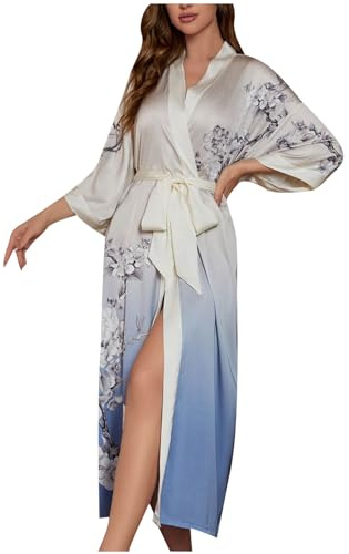 NSICBMNO Blue Satin Dressing Gown For Women Long Nightgowns Kimono Robes Floral Dressing Gowns Long Sleeve Nighties Silk Bathrobe Kimono Gowns Lightweight Bath Robes Nightwear With Belt