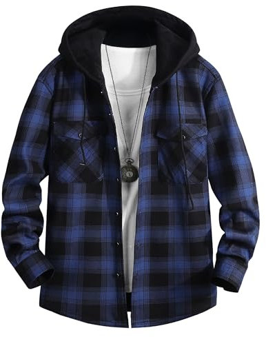 QIXING Men's Hoodies Flannel Plaid Hooded Shirt Jacket Winter Fleece-Lined Warm Hoodie Long Sleeve Soft Button-Down Coat with Hood(Black Blue, L)