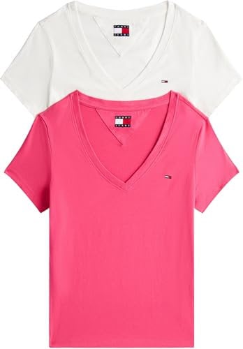 Tommy Jeans Camisetas de Manga Corta Pack de 2 Mujer con Cuello de Pico, Multicolor (Ecru/Jewel Pink), L