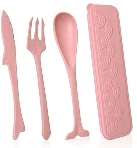Travel Cutlery Set with Case, Portable Camping Cutlery Set for 1, Cute Ocean Themed Plastic Cutlery Reusable Knife Spoon and Fork Set for Lunch Box School Office Picnic (Pink)