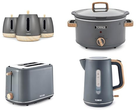 Tower Scandi Grey Kettle, 2 Slice Toaster, 3.5L Slow Cooker & Set of Tea, Coffee, Sugar Canisters. Matching Scandinavian Inspired Design Kitchen Set of 6 in Grey with Wooden Accents